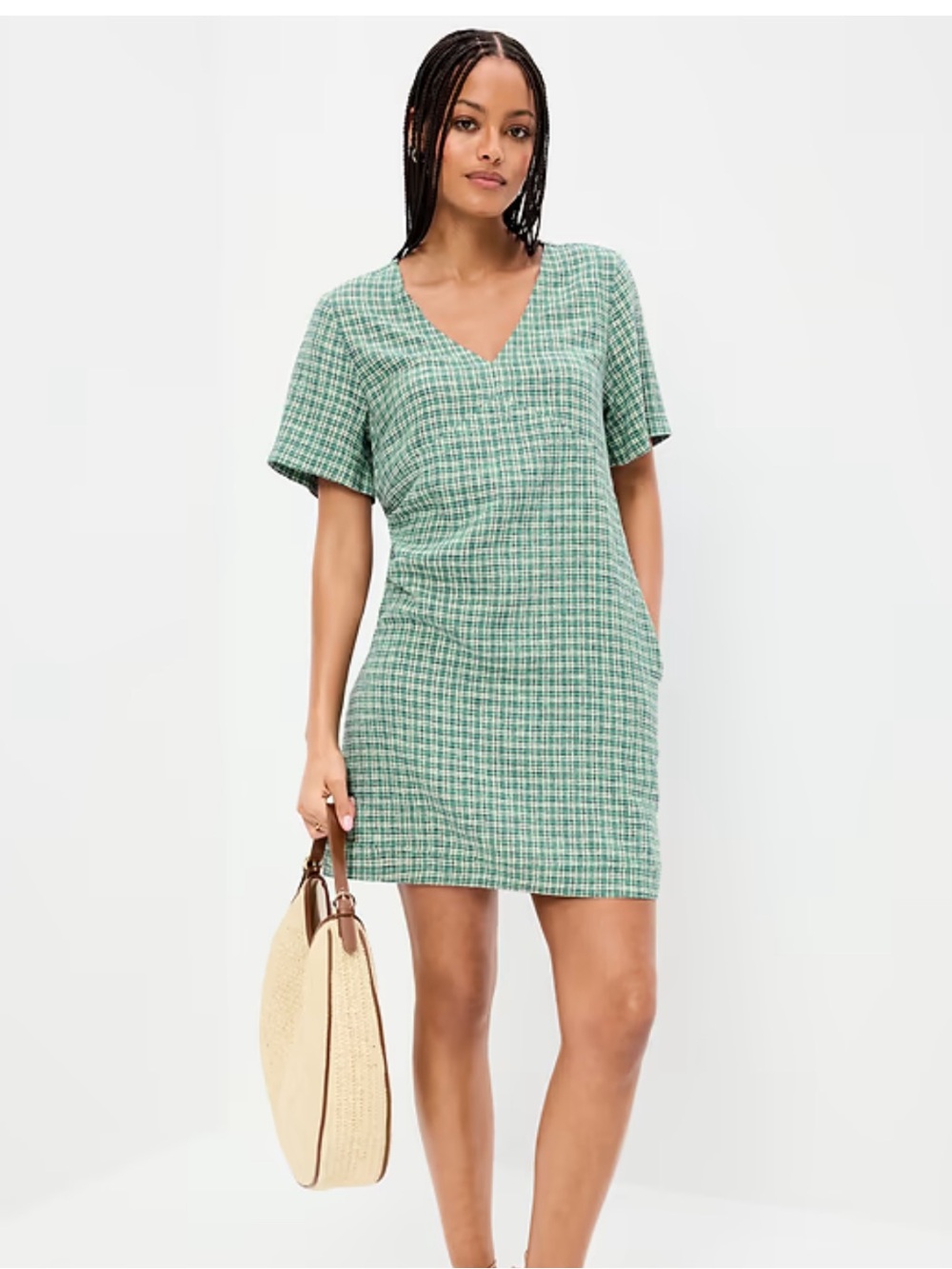 Old Navy Green Check V-Neck Short Sleeve Mini Dress with Pockets